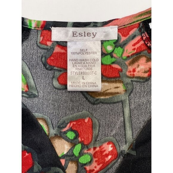 ESLEY Boho Casual Cinch-Waist Floral Top Large Black Multicolor Hi-Lo Baby-Doll - Picture 8 of 13